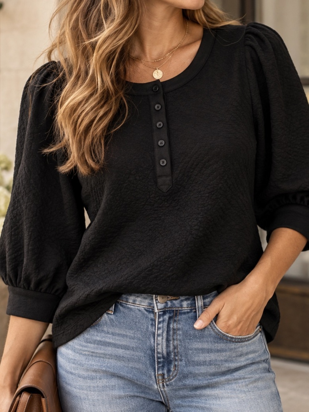 🖤 Time and Tru Black Textured Puff Sleeve Top